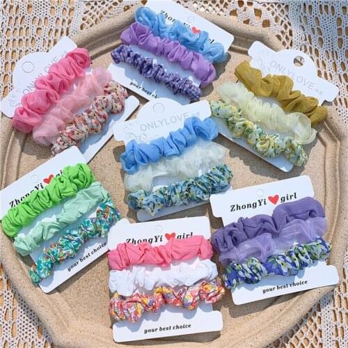 3 Pcs Simple Sweet Floral Plaid Large Intestine Hair Ring Hair Accessories Korean Fashion Children Girl Ponytail Headwear
