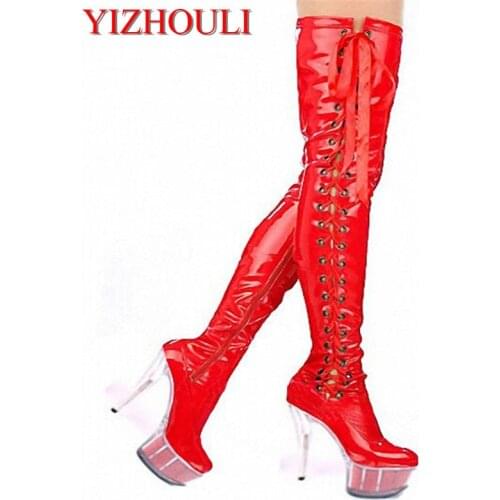 15cm high-heeled shoes crystal cutout boots over-the-knee platform boots Thigh High 6 inch lady strappy pole dancing boots