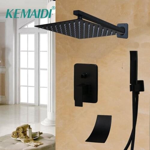 KEMAIDI Square Shower Head Waterfall Spout Shower Faucet Set 8 12 16 Inch Black Shower Rainfall Tub Shower Faucet Bathtub Rain