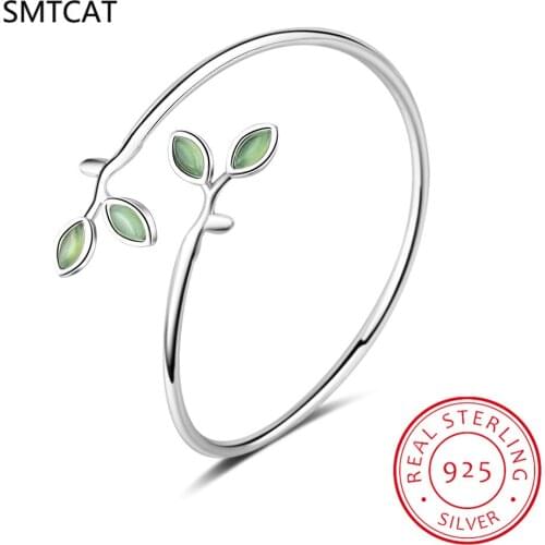 SMTCAT 925 Sterling Sliver Simple Fashion Green Leaves Opals Bracelets Clothing Accessories Resizable Bangle For Women Gift