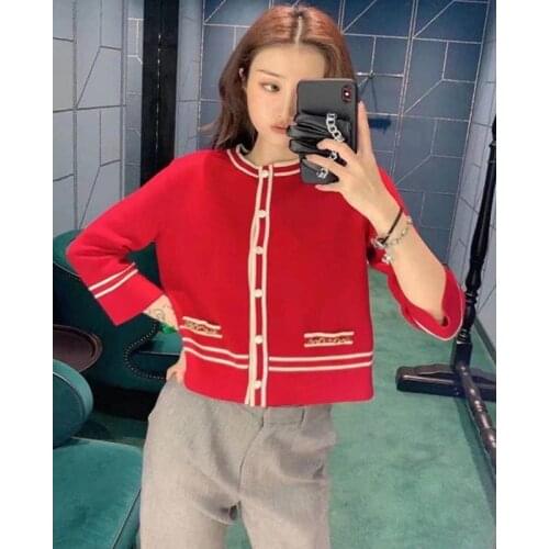 O-Neck Knitted Cardigans Women Long Sleeve 2021 Spring New Fashion Striped Chain Pocket Elegant Casual Jacket Outwear Y2k Top ZA