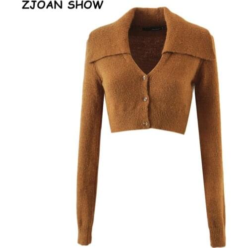 2021 Autumn Vintage Big Lapel Knitting Crop Shaggy Cardigan Women Single-breasted Sweater Long sleeve Short Jumper Coffee Black