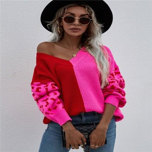 Women Leopard Patchwork Long Sleeve V-neck Knit Pullover Color Block Sweater Autumn Winter Loose Knitting Top Streetwear