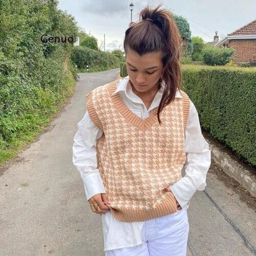 Oversized Fashion Women Knit Vest Sweater Houndstooth Print Loose V-Neck Sleeveless Side Vents Chic Tops Waistcoat Female Autumn