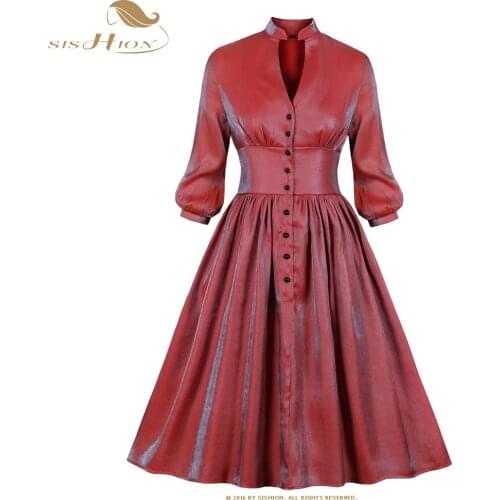 SISHION Red Swing Vintage Dress SP1176 2021 Casual Long Sleeve Spring Glitter Metallic Women Dress Ropa Mujer