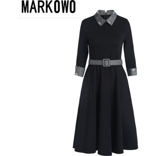 MARKOWO Desinger Brand 2020 autumn womens new mid-sleeved temperament waist waist long A-line skirt belt dress