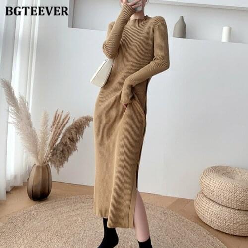 BGTEEVER Fashion Thicken Half Turtleneck Women Knitted Dress Single-breasted Side Split Long Vestidos Femme Winter Sweater Dress