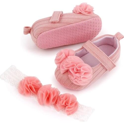 2Pcs Baby Shoes Headband Set Spring Summer Chiffon Flower Newborn Baby Girl Shoes Non Slip Infant Toddler Kids First Walkers