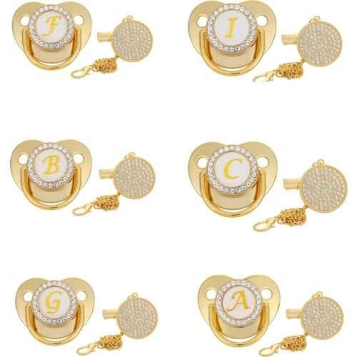 26 Name Initial Letter Baby Pacifier and Pacifier Clips BPA Free Silicone Infant Nipple Gold Bling Newborn Dummy Soother