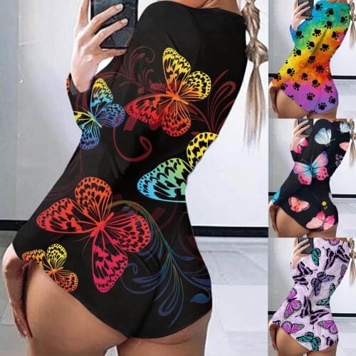 40#Women Jumpsuits Butterfly Print Long Sleeve Nightwear Jumpsuit Bodysuit Playsuit Romper Skinny Sexy vestido de mujer 2021