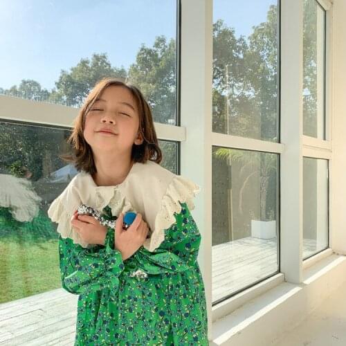 Toddler Girls Dress Spring New Kids Cute Long Sleeve Dress Korean Floral Print Lace Ruffle Collar Princess Dress For Girl 3-9 Y