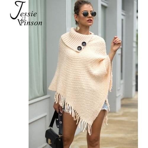 Jessie Vinson Turn-down Collar Tassels Cape Sweater Women Elegant Knitted Cloak Sweater Autumn Winter Pullover Sweater OL Wear