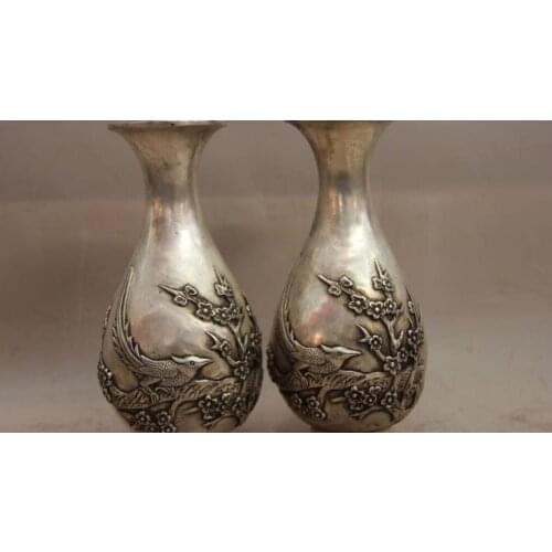 China White Copper Silver Plum blossom Flower Bird Blessing Fu Pot Vase Pair