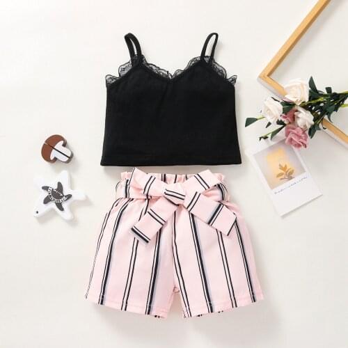 0-3Y Fashion Girls Summer Clothes Sleeveless Lace Tank Top Stripe Shorts Toddler Girl Clothes 2pcs Outfits Set