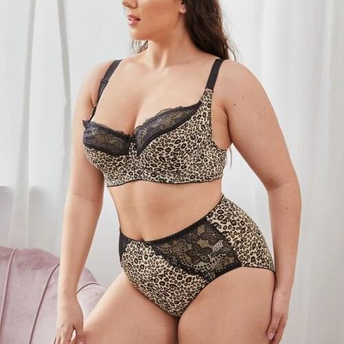 Soft Leopard Bralettes for Women Bra and Panty Set Lace Full Coverage Bras Adjusted-straps Plus Size Underwear Bra Set