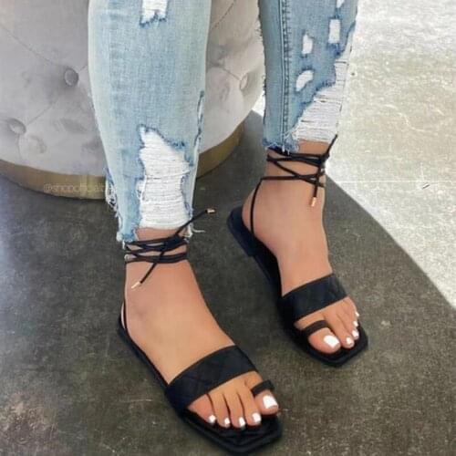 Fashion Summer Sandals Square Head Ring Strap Roman Sandals Female Lace Up Outdoor Beach Shoes Big Size Sandals Sandalia Mujer