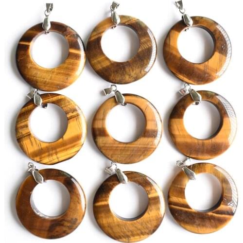 Fashion natural tiger eye stone round shape with hole pendants good quality for jewelry making 9pcs/lot Wholesale free shipping