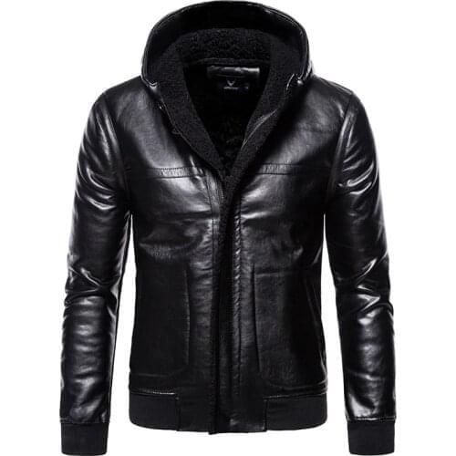 New British Style Mens Leather Jacket Winter Fleece Hooded Motorcycle Leather Jacket Men PU Coats Jaqueta De Couro Masculina