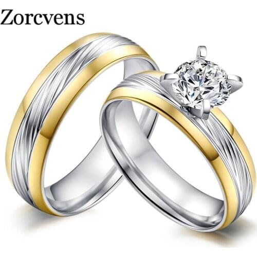 ZORCVENS New Fashion Gold-color Big CZ Engagement Ring for Women Men Stainless Steel Ring Jewelry Wholesale