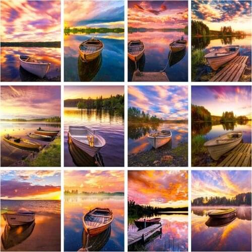 Lake Sunset 5D DIY Diamond Painting Cross Stitch Picture of Rhinestone Boat Landscape Full Square Drill Mosaic Embroidery Decor