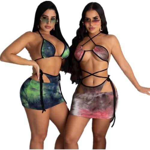 Europe and the United States sexy bikini 2021 new womens printed three-piece swimsuit quickly sold through tie-dye bikini