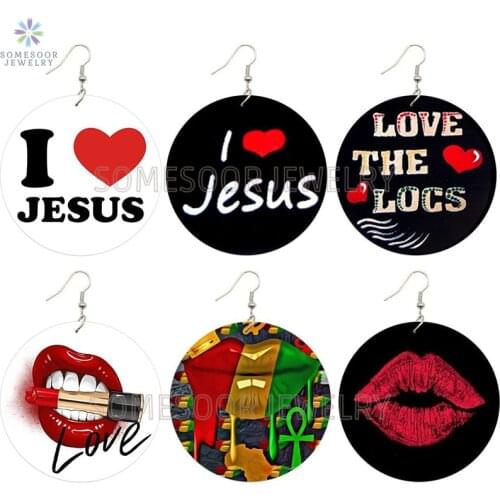 SOMESOOR Love JSEUS LOCS African Wood Drop Earrings Both Sides Print Lipstick Black Art Designs Photos Wood Dangle For Women