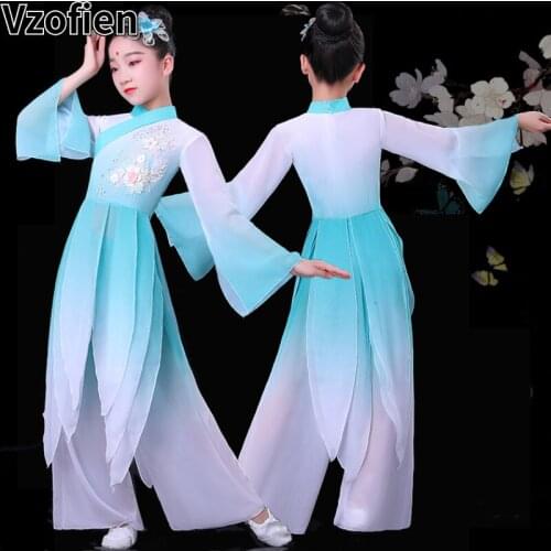 Chinese Trditional Folk Dance Costume Girl Yangko Dance Wear Elegant National Ancient Umbrella Fan Dance Kids Dance Game Outfit