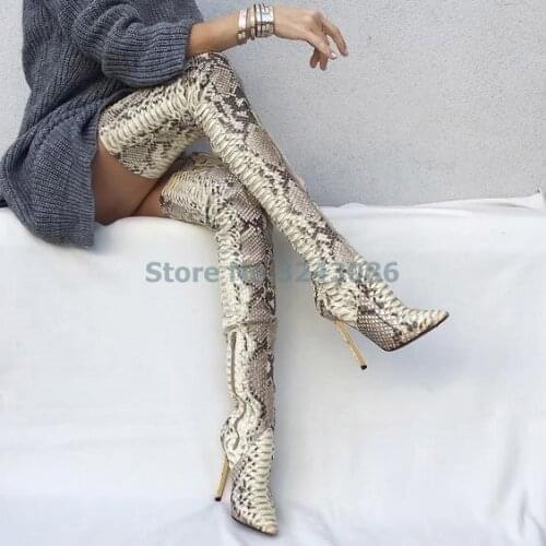 White Black Faux Snakeskin Pointed Toe Long Boots Sexy Thin High Heel Over The Knee Boots Red Green Python Side Zipper Pumps