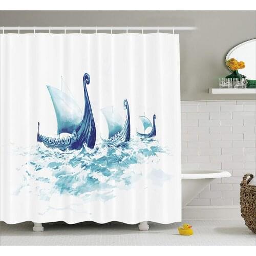 Viking Shower Curtain, Portrait of Viking Drakkars in Nordic Sea Rough Wood Ships of Scandinavian Ancient Art