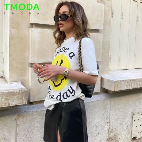 TMODA988 Women Smile Cartoon Cute Letter Fashion Print Short Sleeve Summer Lady Tops T-Shirt Shirt Womens Clothing Tees Female