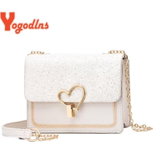 Yogodlns Women Soft PU White Sequin Love Shape Lock Shoulder Bag 2021 New Fashion Girls Chain Solid Color Flap Bag