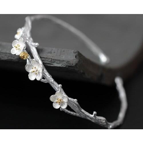 Women S925 sterling silver Plum Flower Open Bracelets & Bangles Handmade Elegant Lady Chinese style jewelry Pulseira Gift