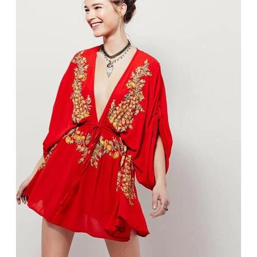 OrGypsy Boho Summer Embroidery Dress Vintage Cotton Sexy Dresses Women Deep V-neck Flare Sleeve Mini Dress Loose Sashes Vestidos