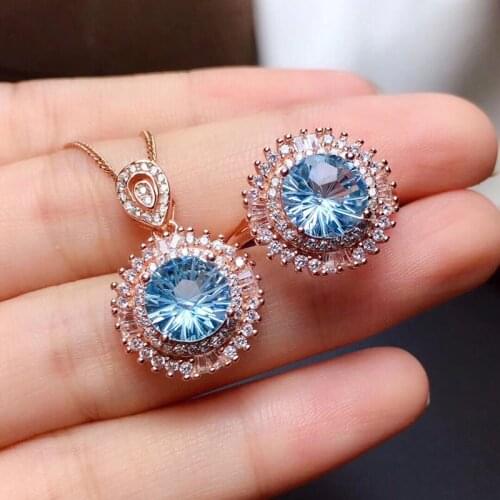 New Luxury Rose Gold Jewelry Dazzling Cubic Zircon Fireworks Pendant Necklace Round Ring For Women Engagement Cocktail Party