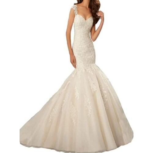 Plus Size Womens Cap Sleeve Champagne White Delicate Mermaid Lace Lace Back Wedding Long Bridal Gown