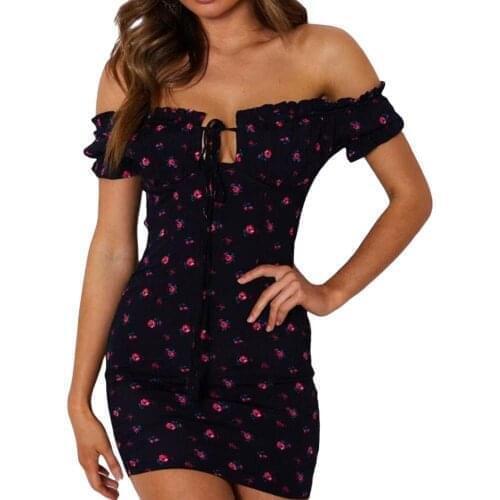 Women’s Off Shoulder Bodycon Dress Sexy Short Sleeve Tie Up Front Floral Print Mini Club Dress Printed Skirt