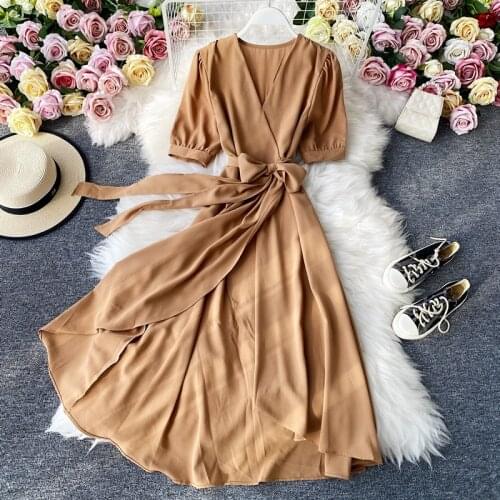 2021 Summer New Women Wrap Dress Midi Dress White Dark Blue Sleeveless Solid Color Summer Deep V Hot Elegant Dress