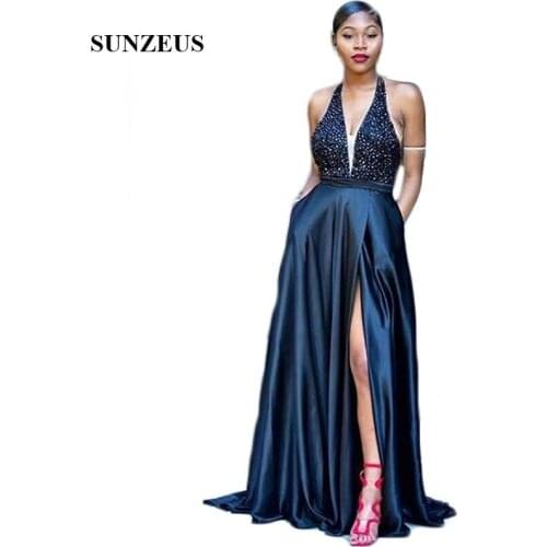 Halter Deep V Front Sexy Prom Dresses Gowns 2021 Bling Bling Beaded Graduation Gowns Long High Leg Slit Night Party Gowns A-Line