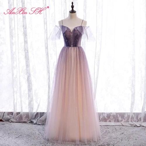 AnXin SH princess violet lace evening dress vintage party spaghetti strap beading crystal sparkly ruffles bride evening dress