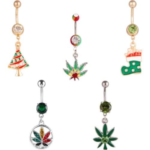 1PCS Christmas Belly Button Ring Leaf Navel Piercing Surgical Steel Dangle Belly Piercing Ring Navel Pendant Pircing Nombril