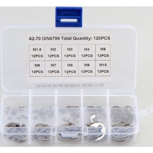 120Pcs/Lot A2-70 DIN6799 M1.5-M10 Washers with split Retaining Washers For Shafts Lock Washers E-Shaped Clasp Set
