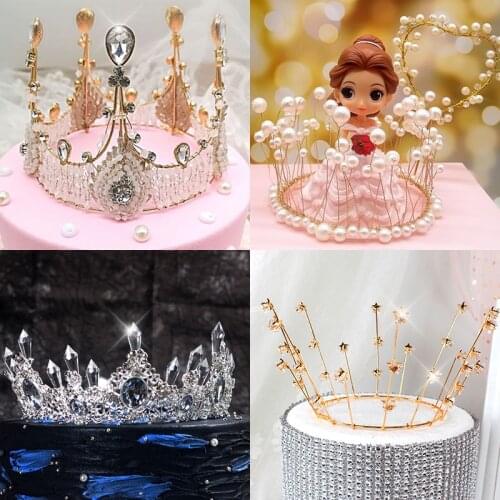 Crown Wedding Cake Topper Baby Shower Tiara Birthday Party Decor Supplies Round Baking Crystal Hat Cake Decoration Lovely Gift