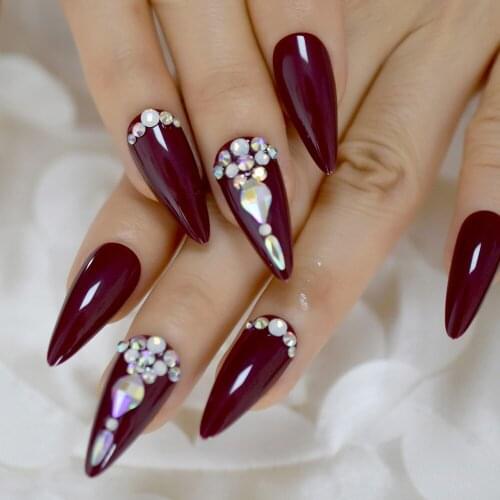 Glossy Bordeaux Red Full Cover Fake Press on Nails Stiletto Handmade Diamond Acrylic Nails for Women and Girls