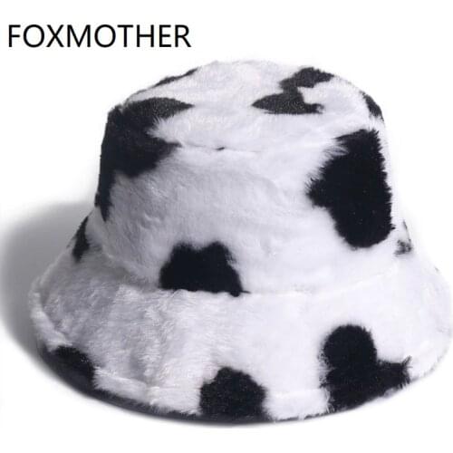 FOXMOTHER New Fashion Faux Fur Cow Print Bucket Hats Women Winter Panama Fisherman Caps Gorra