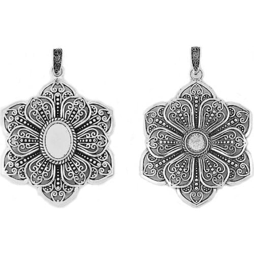 4PCS Antique Large Filigree Flower Charms Pendants Round/Oval Blank Cameo Cabochon Base Setting, DIY Necklace Jewelry