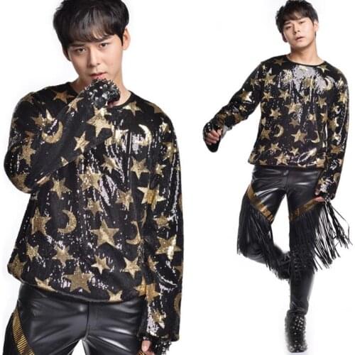 Popular fashion punk slim sexy Sequin shirt men long sleeve shirt teenage korean shirt mens personality stage singer dance black