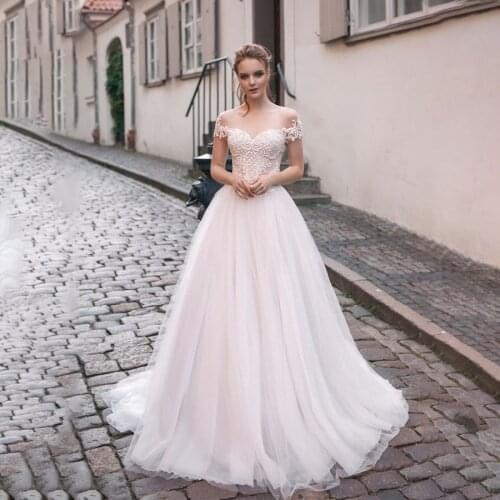 See Through Off the Shoulder with Lace Bodice A-line Pink Wedding Dress vestido de noiva barato New Arrival Bridal Gown