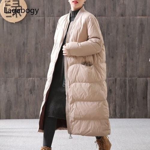 Lagabogy 2021 Thick Warm Long Down Parka WInter Women 90% White Duck Down Jacket Loose Windproof Zipper Coat Female Snow Outwear