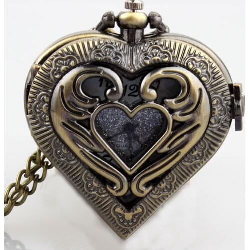 Retro Bronze Hollow Heart Shaped Black Silver Vintage Pocket Watch Necklace Pendant Metal Quartz Movement Women Men Clock Gifts