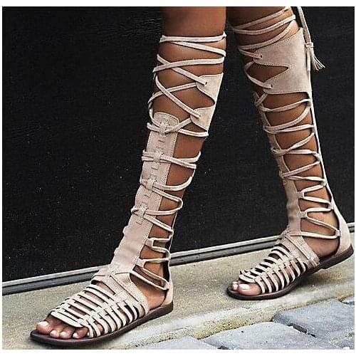 Summer Gladiator Knee High Flats Sandal Boots Cut-outs Fringed Lace Up Boots Woman Hollow Out Gray Open Toe Sandals
